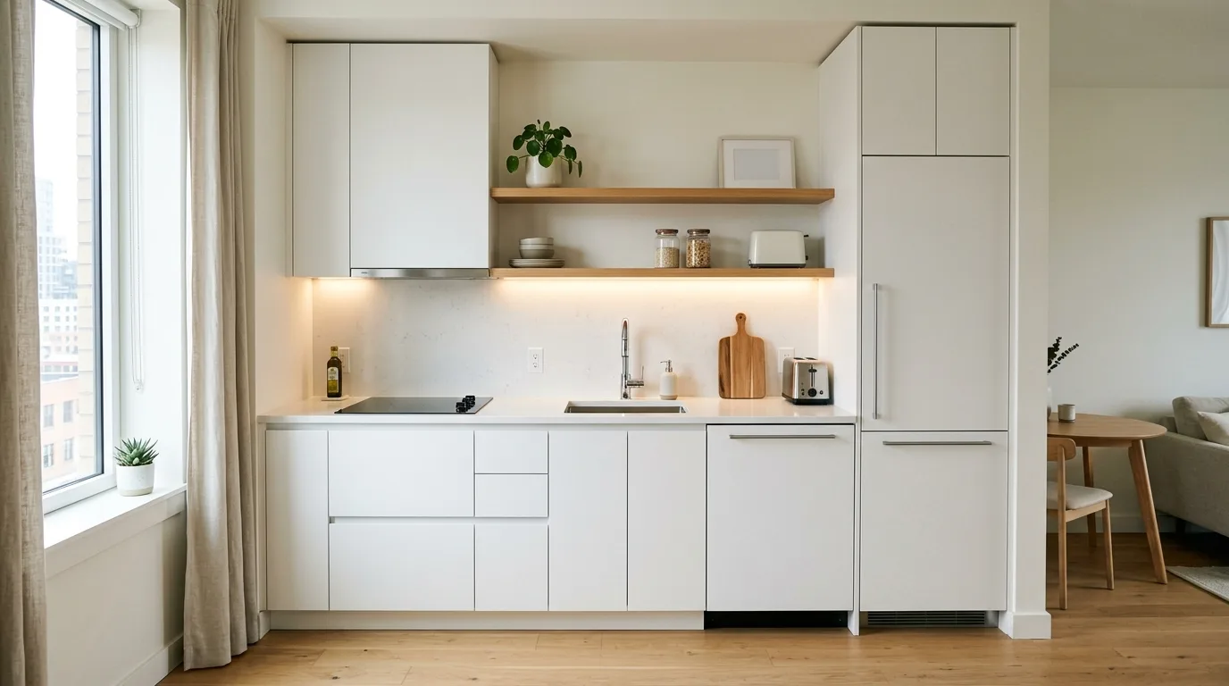 Keep the kitchen sleek and visually quiet inspiration for a studio apartment.